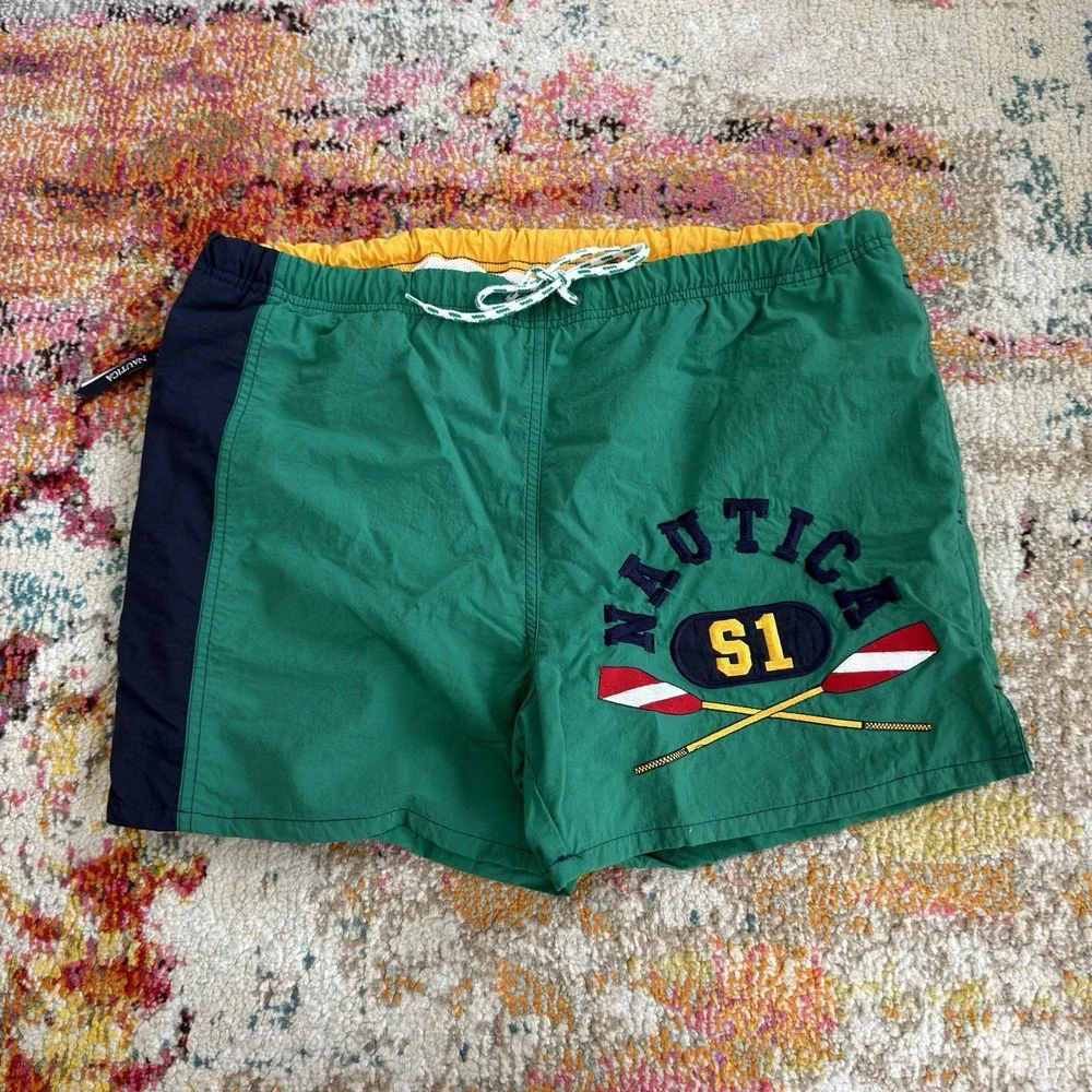 Vintage 90s Nautica S1 Oars Swim Trunks Shorts Mens Medium Green Nylon